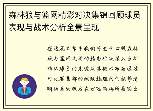 森林狼与篮网精彩对决集锦回顾球员表现与战术分析全景呈现