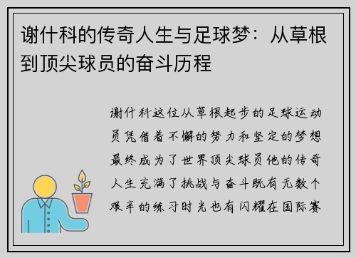 谢什科的传奇人生与足球梦：从草根到顶尖球员的奋斗历程